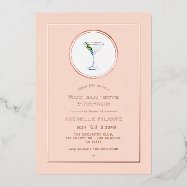 Rose Gold und Blush Cocktail Bachelorette Wochenen Folieneinladung (Vorderseite)