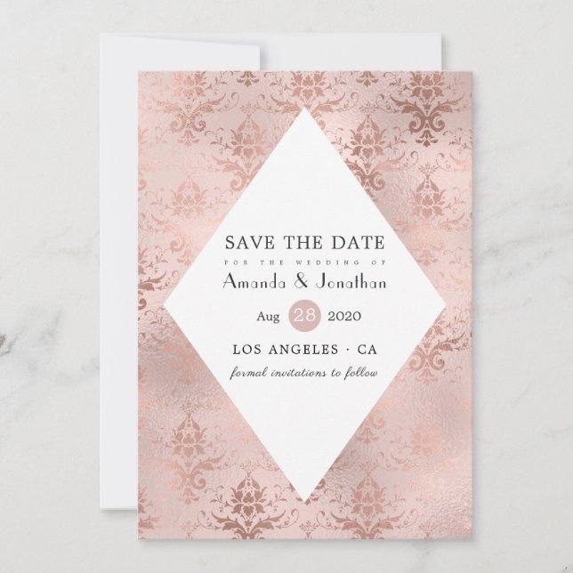 Rose Gold und Blush Damask Hochzeit Save The Date (Vorderseite)