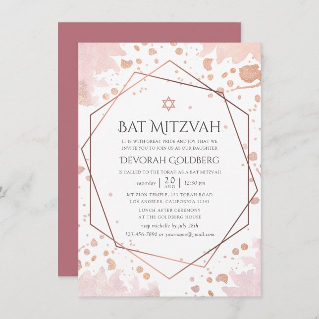 Rose Gold und Blush Geometric Bat Mitzvah Einladung (Vorne/Hinten)
