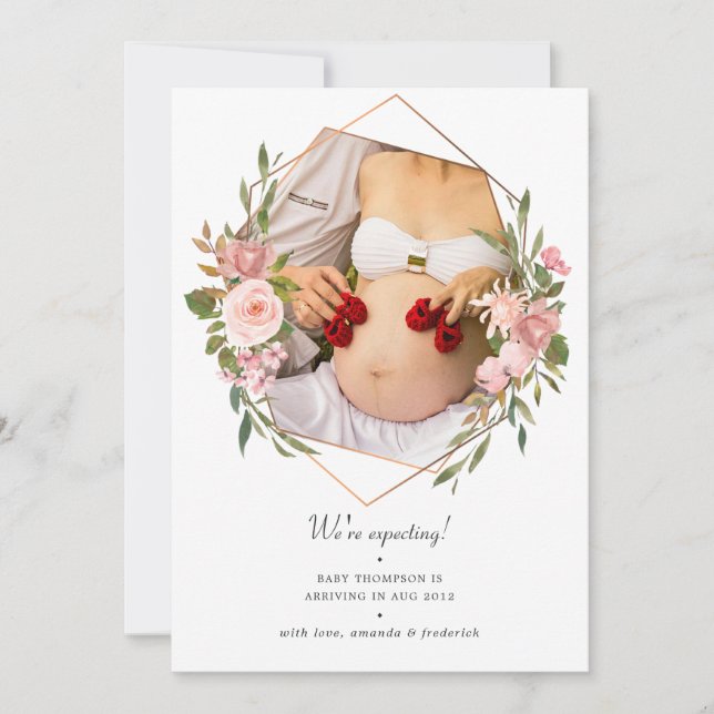 Rose Gold und Blush Geometrisches Foto Schwangersc Ankündigung (Vorderseite)