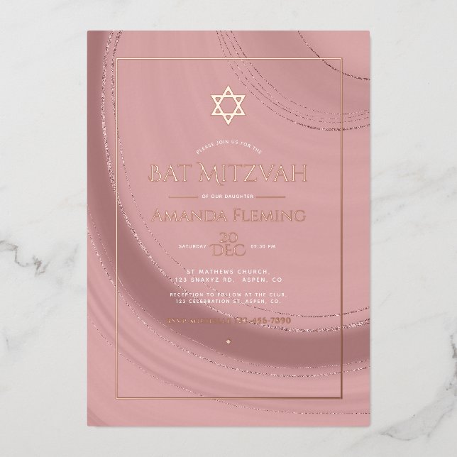 Rose Gold und Blush Imitate Agate Bat Mitzvah Foto Folieneinladung (Vorderseite)