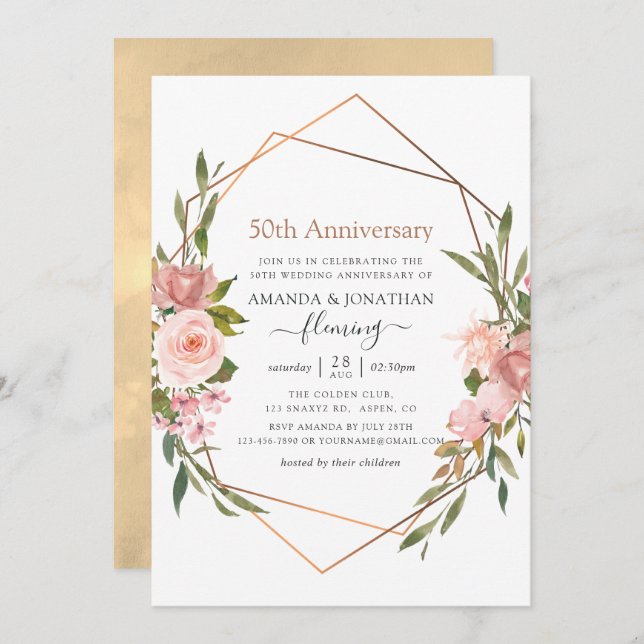 Rose Gold und Blush Pink 50. Hochzeitstag Einladung (Vorne/Hinten)