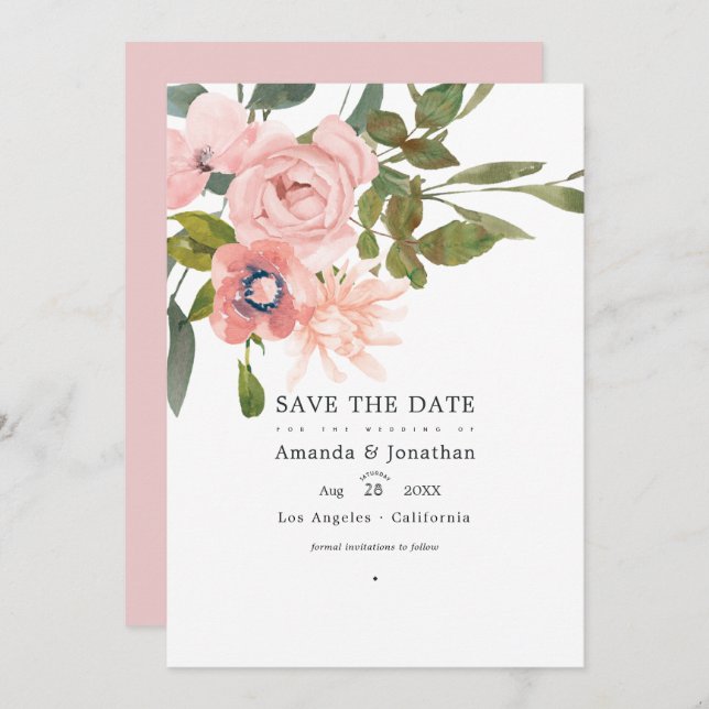 Rose Gold und Blush Pink Blumenzwiebeln Foto Save The Date (Vorne/Hinten)