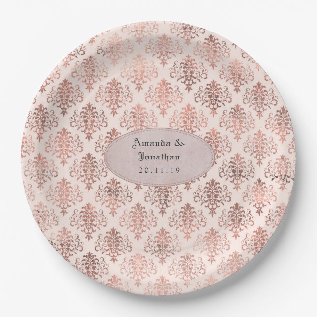 Rose Gold und Blush Pink Damask Foil Hochzeit Pappteller (Vorderseite)