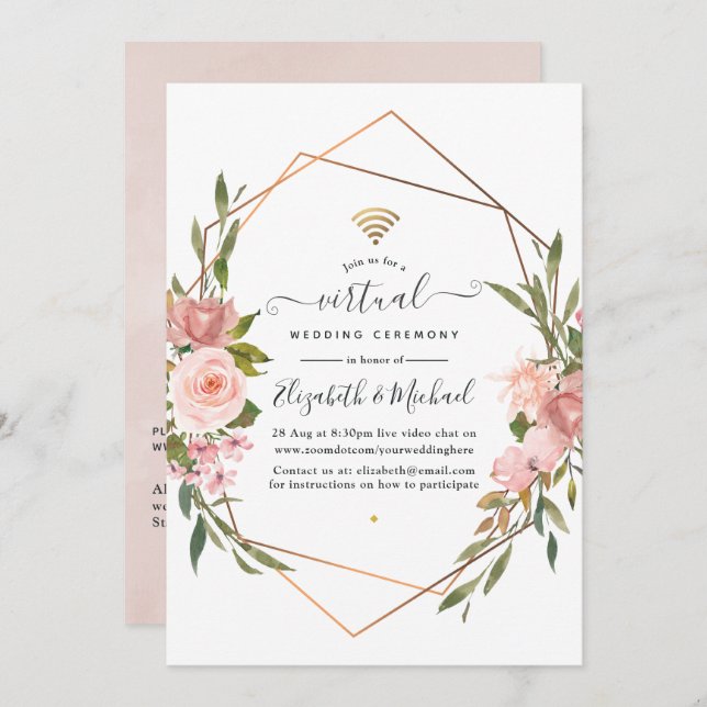 Rose Gold und Blush Pink Online Virtual Wedding Einladung (Vorne/Hinten)