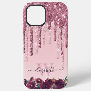 Rose Gold und Burgund Glitzer Tropfen Mit Monogram iPhone 12 Pro Max Hülle