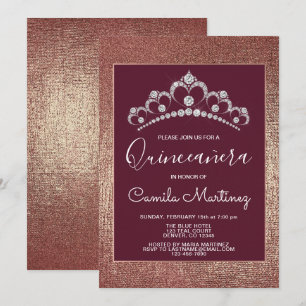 Rose Gold und Burgund Quinceanera mit Tiara Einladung