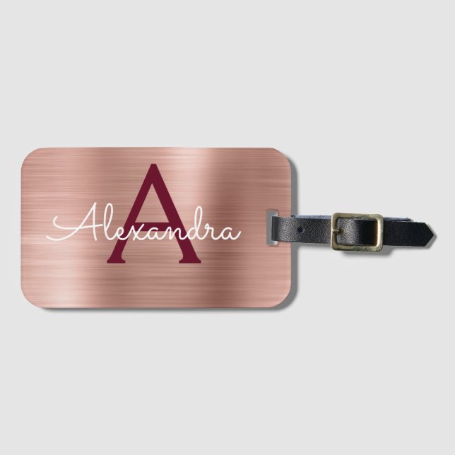Rose Gold und Burgundy Monogram Gepäckanhänger (Vorderseite (Horizontal))