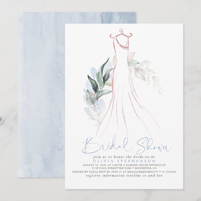 Rose Gold und Dusty Blue Greenery Brautparty Einladung (Vorne/Hinten)