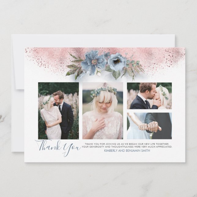 Rose Gold und Dusty Blue Wedding Fotos Card Einladung (Vorderseite)