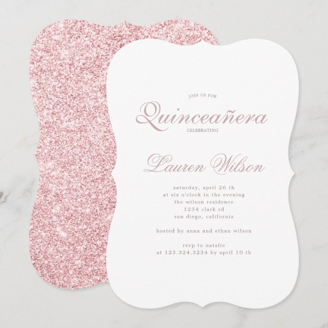 Rose Gold und Glitzer Quinceanera Einladung (Vorne/Hinten)