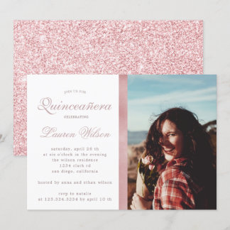 Rose Gold und Glitzer Quinceanera Foto Einladung