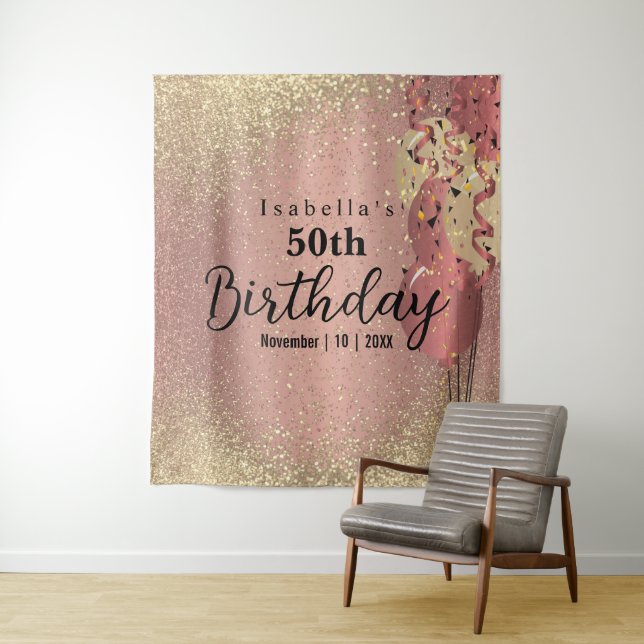 Rose Gold und Gold Glitzer Geburtstag Wandteppich (Beispiel)