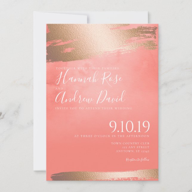 Rose Gold und Korallenwasser Textur Hochzeit Einladung (Vorderseite)