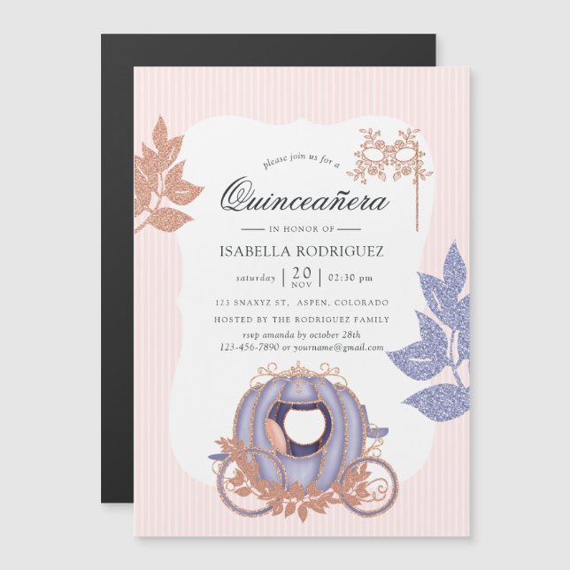 Rose Gold und Lilac Glitzer Princess Quinceañera Magneteinladung (Vorne/Hinten)