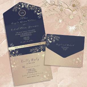 Rose Gold und Navy Blau Hochzeit All In One Einladung