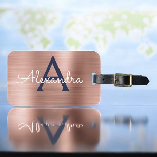 Rose Gold und Navy Blue BrushMetal Monogram Gepäckanhänger