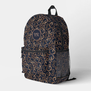 Rose Gold und Navy Blue Damask Muster Mit Monogram Bedruckter Rucksack