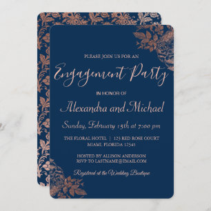Rose Gold und Navy Blue Rose Engagement Party Einladung