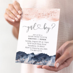 Rose Gold und Navy Blue Watercolor Gender Reveal Einladung