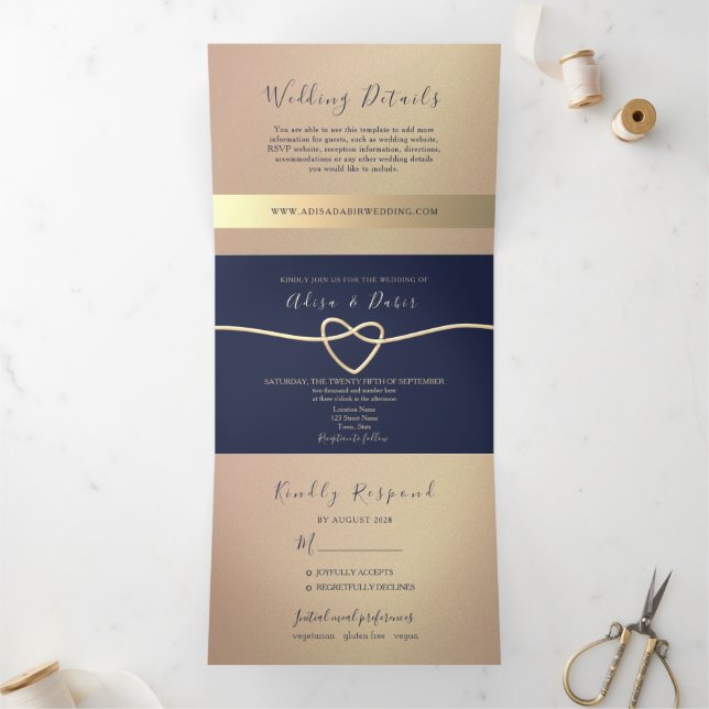 Rose Gold und Navy Hochzeit Dreifaltigkeit Einladu Dreifach Gefaltete Einladung (Innenseite)