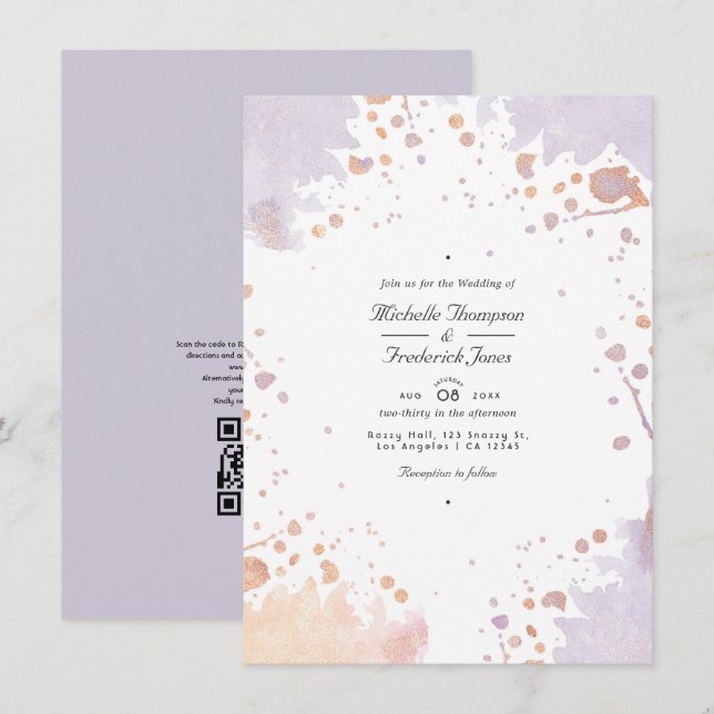 Rose Gold und Pastel Lila Paint QR Code Hochzeit Einladung (Vorne/Hinten)