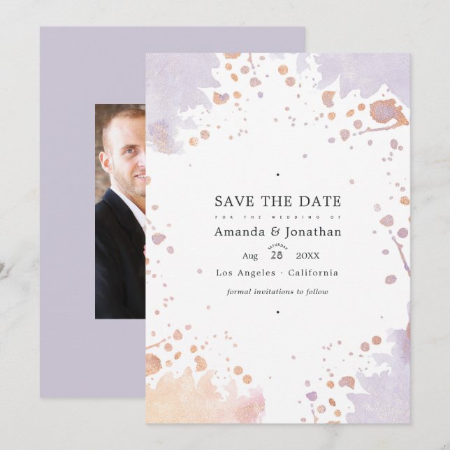Rose Gold und Pastel Lila Paint Spritzer Hochzeit Save The Date (Vorne/Hinten)