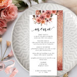 Rose Gold und Rosa Blumenmenü Menükarte<br><div class="desc">Freuen Sie sich auf diese exquisite Menükarte. Design koordiniert unsere Rose Gold Event Einladungen. Set-Design mit einer einzigartigen Blüte,  Rosa rot,  Pfirsich und Champagner-Blumengestalt und unten Ihr Name(n) und Datum. Handgeschriebene Schrift Typografie Detail. Zurück in einer Rose goldenes funkelnd Muster und Blumenstrauß oben. Auch auf Spanisch verfügbar.</div>