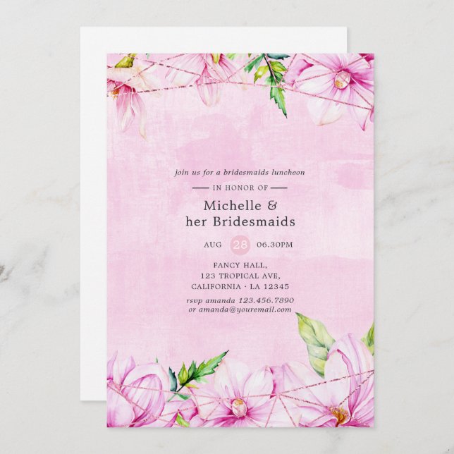 Rose Gold und Rosa Blumensträuße Luncheon Einladung (Vorne/Hinten)