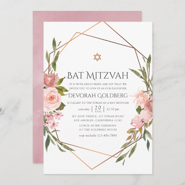 Rose Gold und Rosa Blütenbarsch Mitzvah Einladung (Vorne/Hinten)