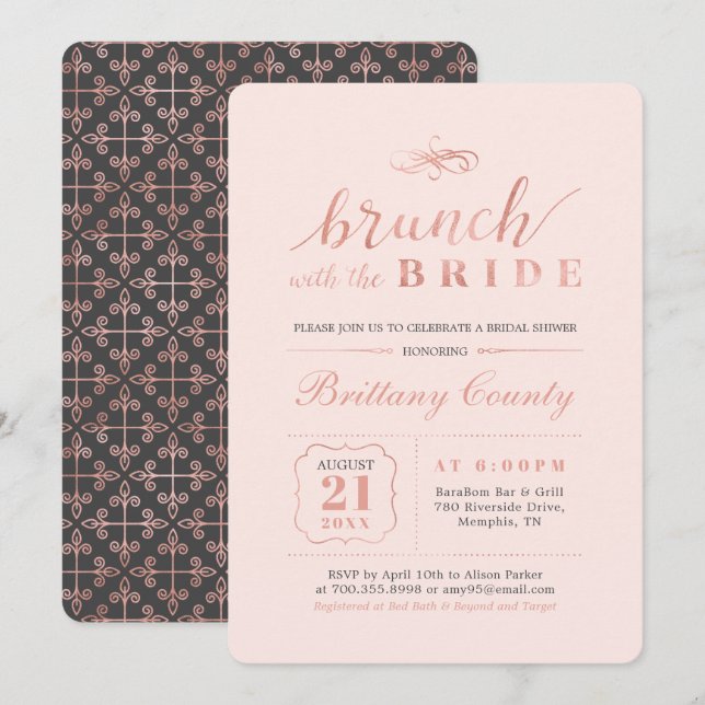Rose Gold und Rosa | Elegant Wedding Bridal Brunch Einladung (Vorne/Hinten)