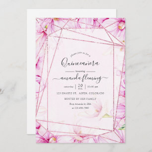 Rose Gold und Rosa Magnolia Geometric Quinceñera Einladung