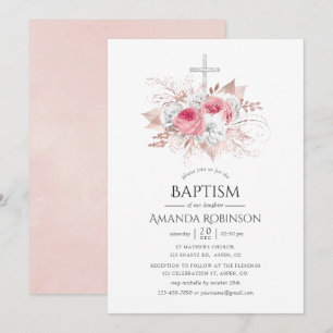 Rose Gold und Rosé Blumen-Taufe oder Tauffeier Einladung