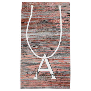 Rose Gold und rustikales Holz Monogramm und erste Kleine Geschenktüte