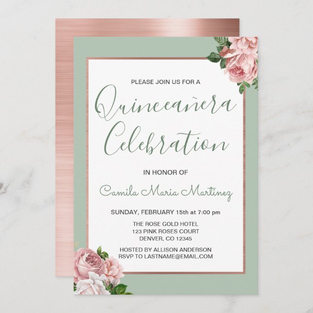 Rose Gold und Sage Floral Quinceñera Einladung (Vorne/Hinten)