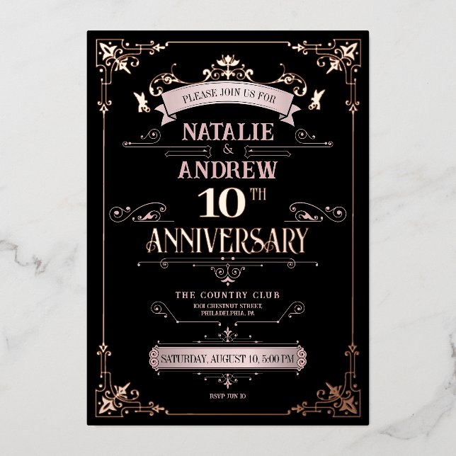 Rose Gold und Schwarz Elegant Folieneinladung (Vorderseite)