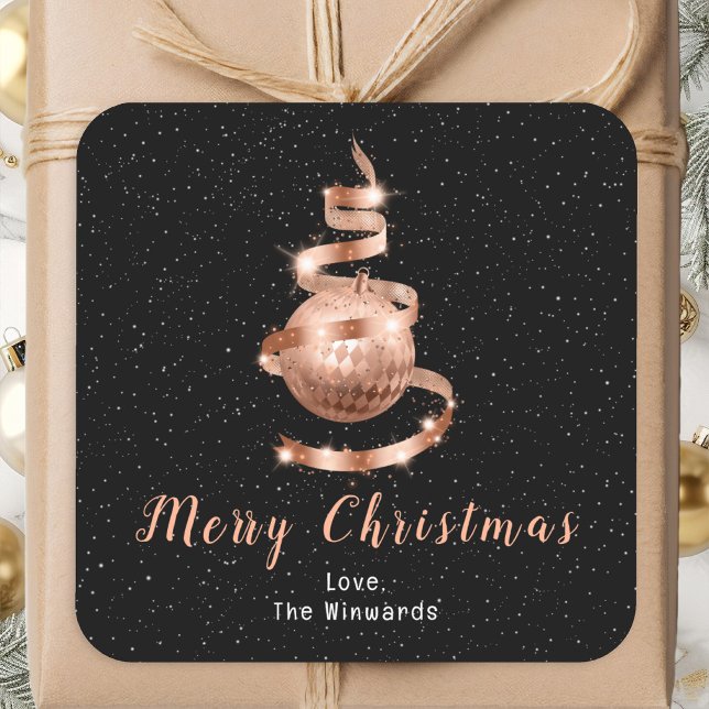 Rose Gold und Schwarz Ornament Frohe Weihnachten Quadratischer Aufkleber (Von Creator hochgeladen)