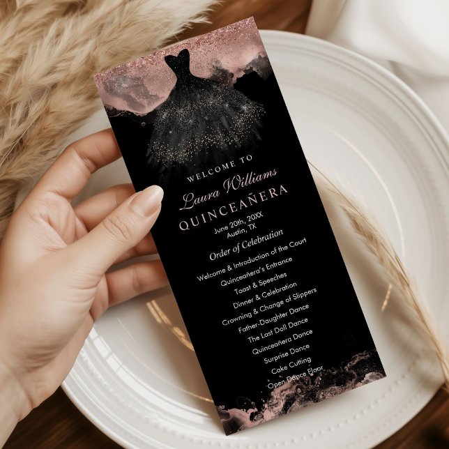 Rose Gold und Schwarz Quinceañera-Ablaufplan Programm (Rose Gold and Black Princess Quinceañera Events Program)