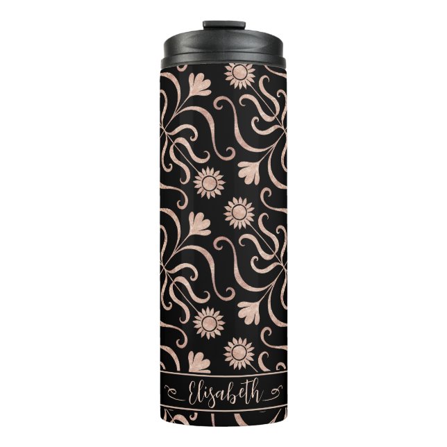 Rose Gold und Schwarze Flora Damaske Thermosbecher (Vorderseite)