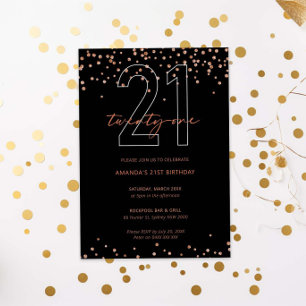 Rose Gold und schwarzer Glitzer funkeln 21. Geburt Einladung