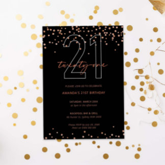 Rose Gold und schwarzer Glitzer funkeln 21. Geburt Einladung