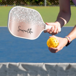 Rose Gold und Silver Glittery Glam Script Name Pickleball Schläger