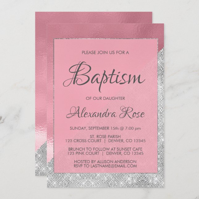 Rose Gold und Silver Sparkle Baby Girl Taufe Einladung (Vorne/Hinten)