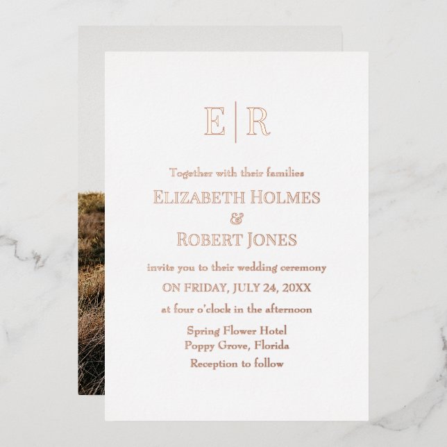 Rose Gold und White Monogram Custom Foto Wedding Folieneinladung (Vorderseite/Rückseite)