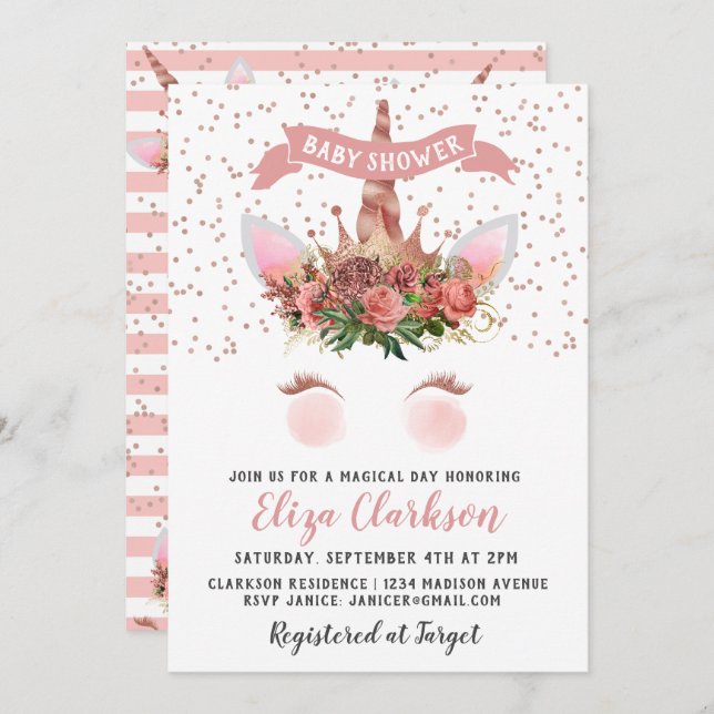 Rose Gold Unicorn Princess Baby Dusche Einladung (Vorne/Hinten)