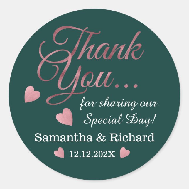 Rose Gold Vielen Dank Gastgeschenk Hochzeit Emeral Runder Aufkleber (Vorderseite)
