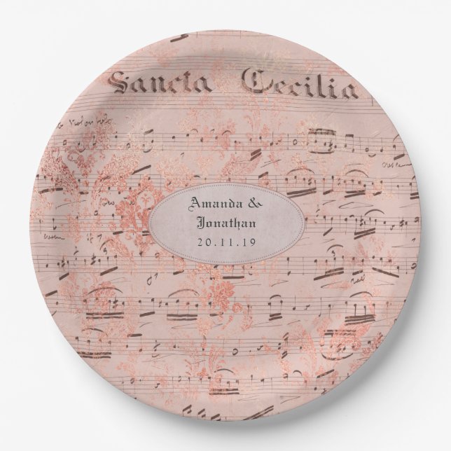 Rose Gold Vintag Music Sheet Wedding Pappteller (Vorderseite)