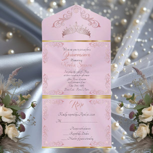 Rose Gold Vintage Border Quinceanera - Pastellrosa All In One Einladung