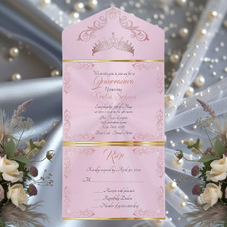Rose Gold Vintage Border Quinceanera - Pastellrosa All In One Einladung