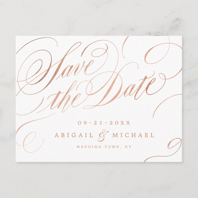Rose Gold Vintage Kalligraphie Save the Date Ankündigungspostkarte (Vorderseite)